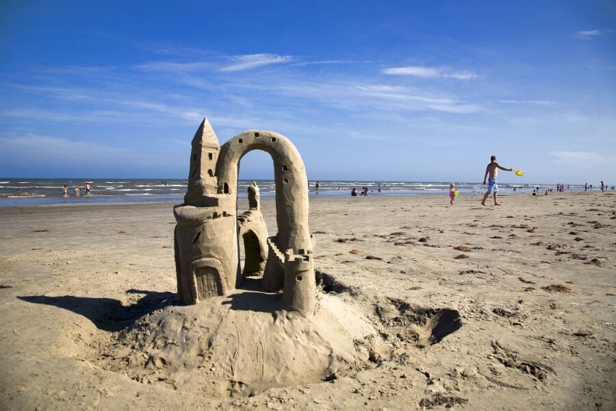 A sandcastle in the Texas beach town of Mustang Island