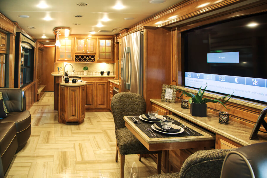 An alternative kitchen and dining setup inside an RV