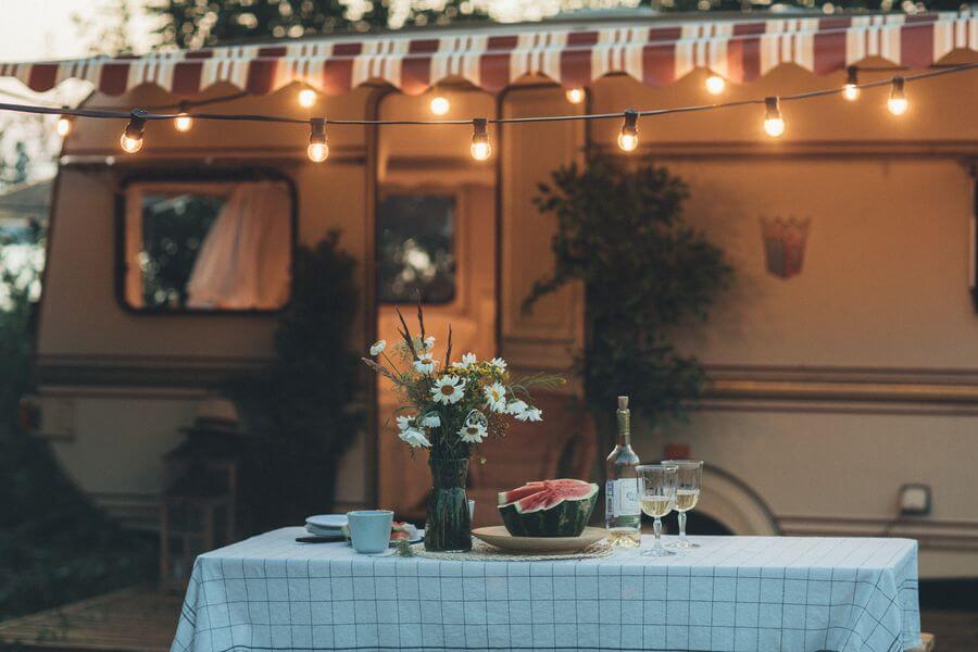 Hanging lights decorating an RV spot