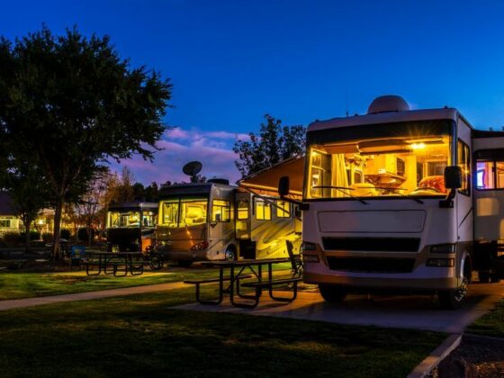 A luxury RV resort in South Carolina at night