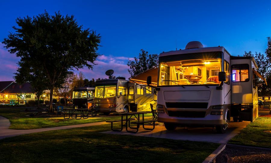 A luxury RV resort in South Carolina at night