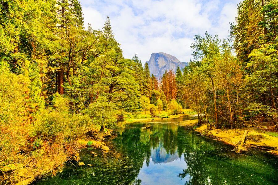 A view from Sentinel Bridge looking at Half Dome in the fall