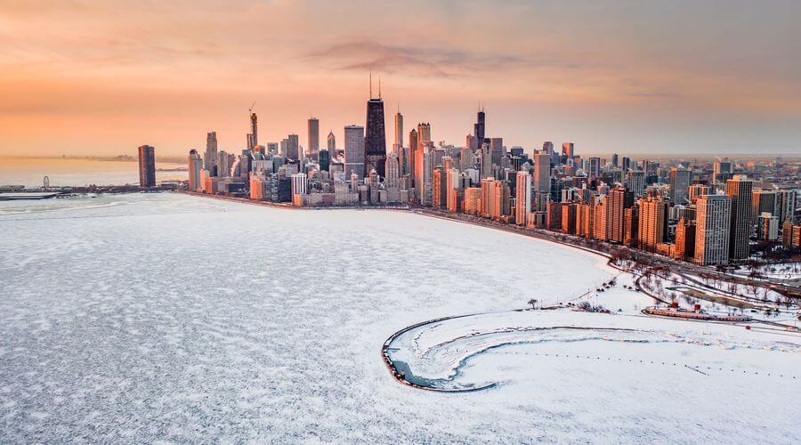 View of the Chicago skyline in the winter