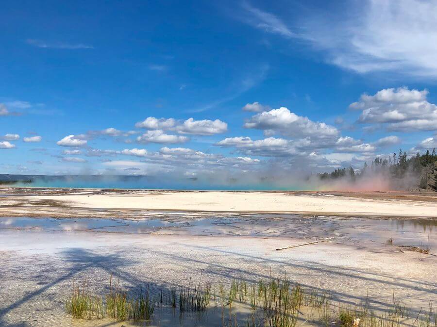 A ground level view of the multi-colored steam coming off a hot spring