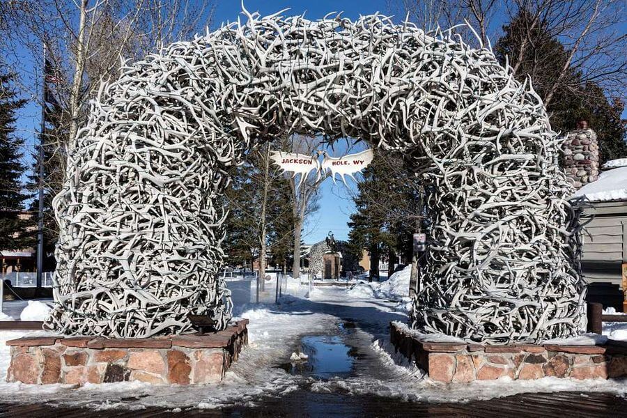 An arch large enough for multiple people to walk through that is made of thousands of antlers