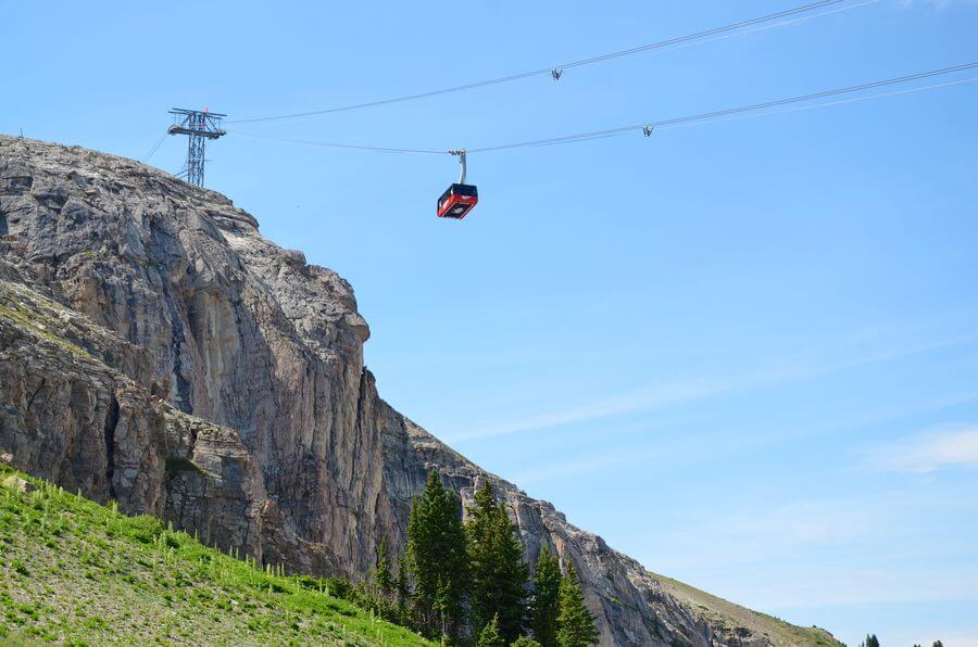 A gondola on a cable making its way down a grassy mountain