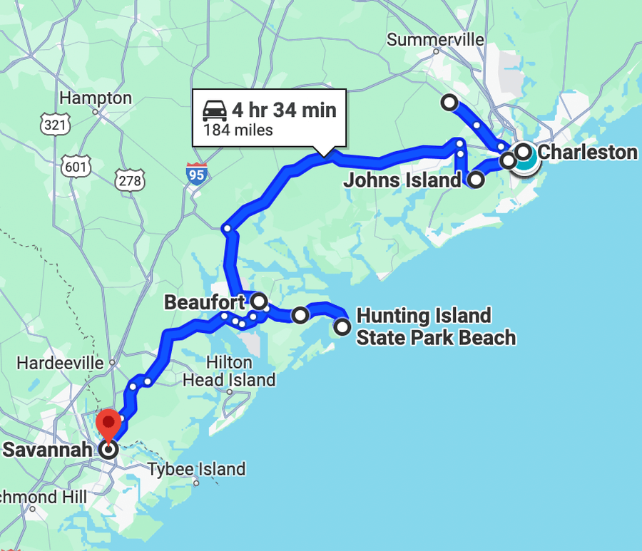 The distance between Savannah and Charleston