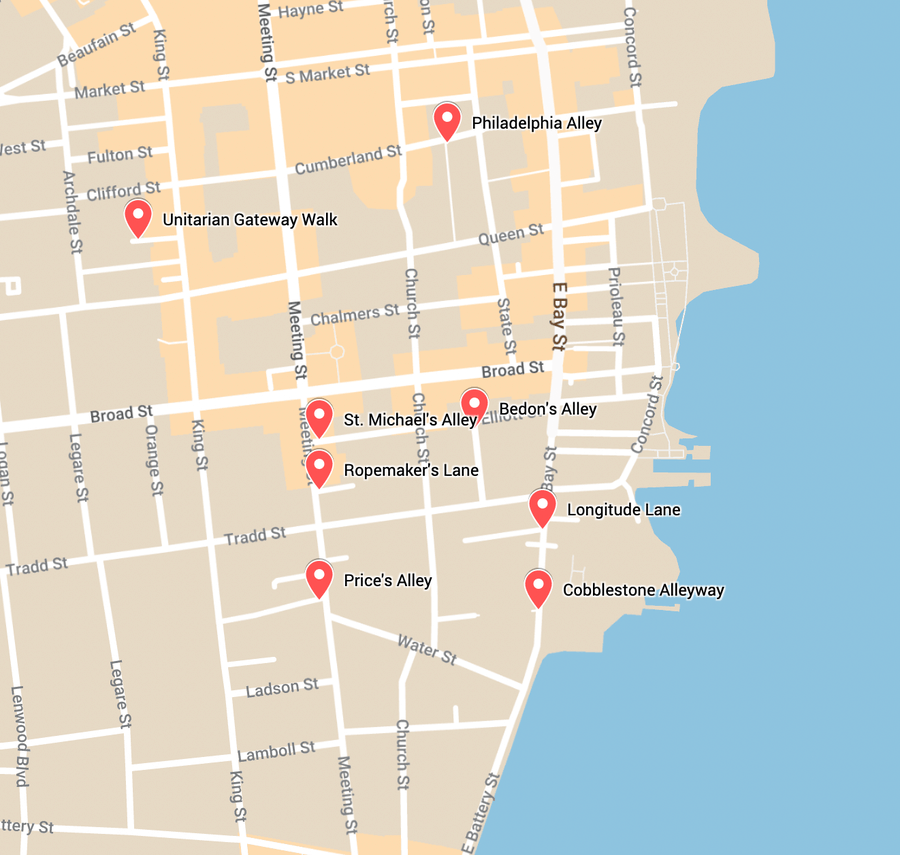 A map of alleys in Charleston, SC