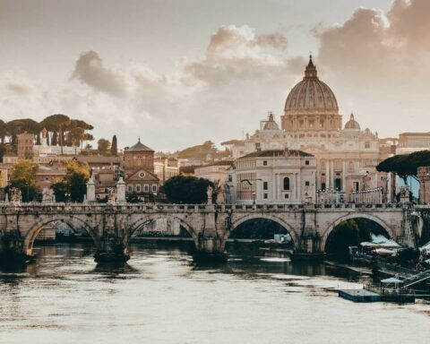 A view of the Vatican and the River Tiber at sunset during a three day trip to Rome