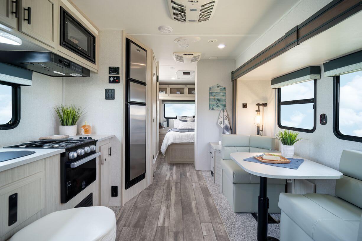 An RV using a variety of smart storage ideas