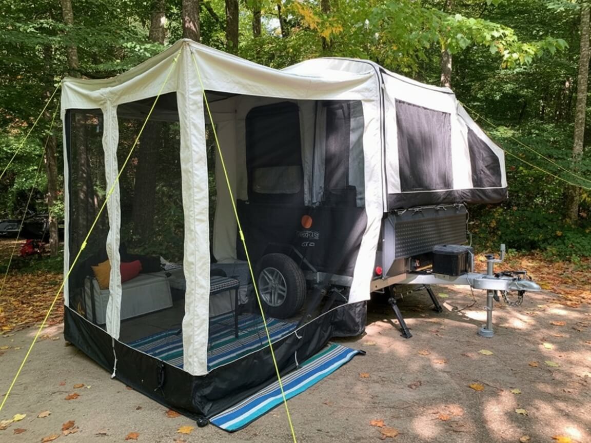 A nice screened-in room attached to a pop-up camper