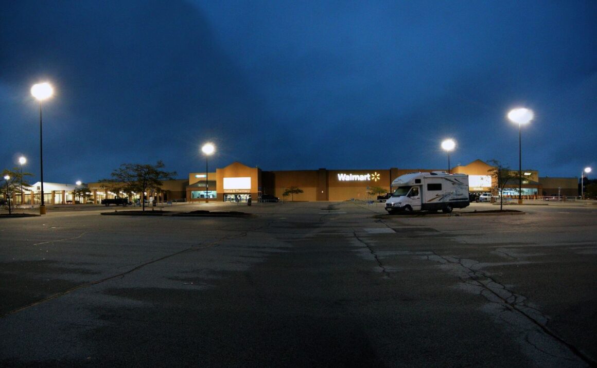 A Walmart parking lot being used for free RV parking