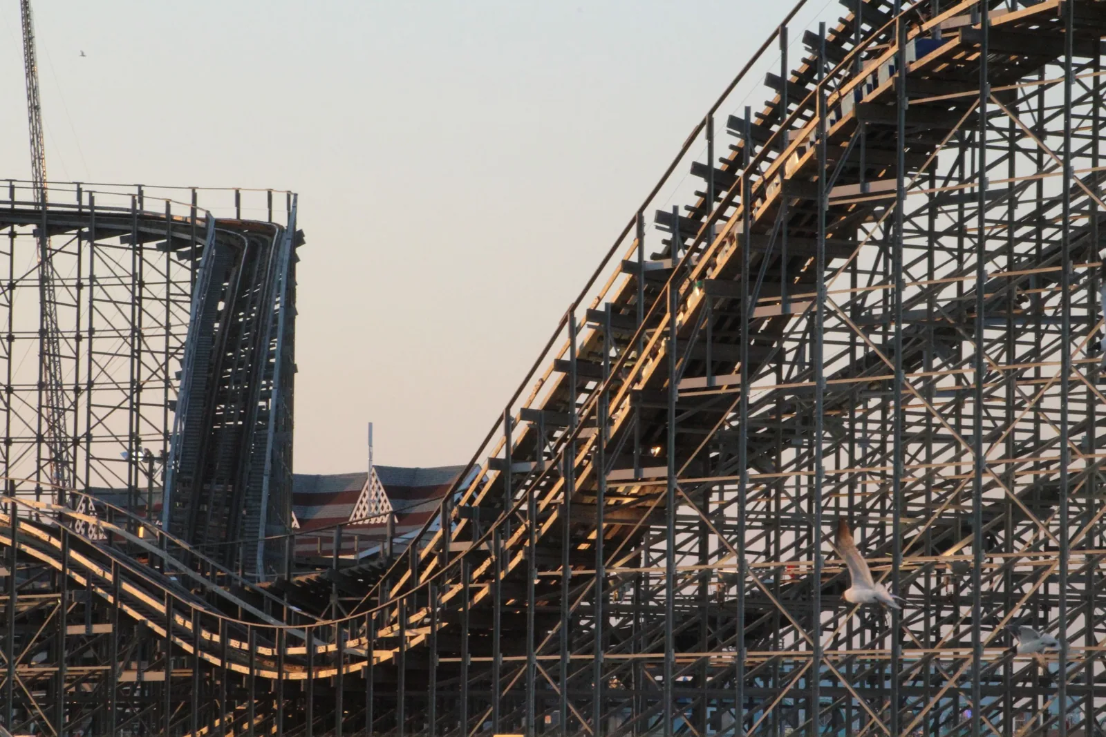 The wooden Giant Dipper roller coaster at Belmont Park in San Diego