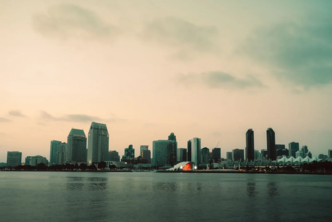 San Diego skyline and waterfront at sunset
