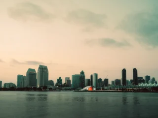 San Diego skyline and waterfront at sunset