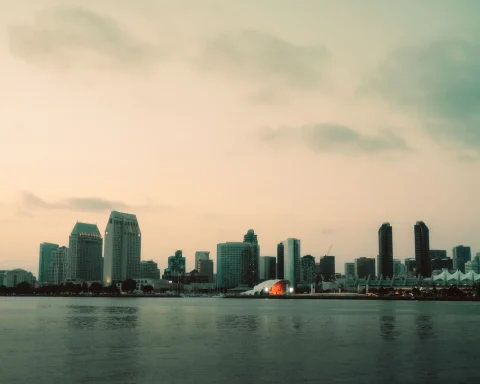 San Diego skyline and waterfront at sunset