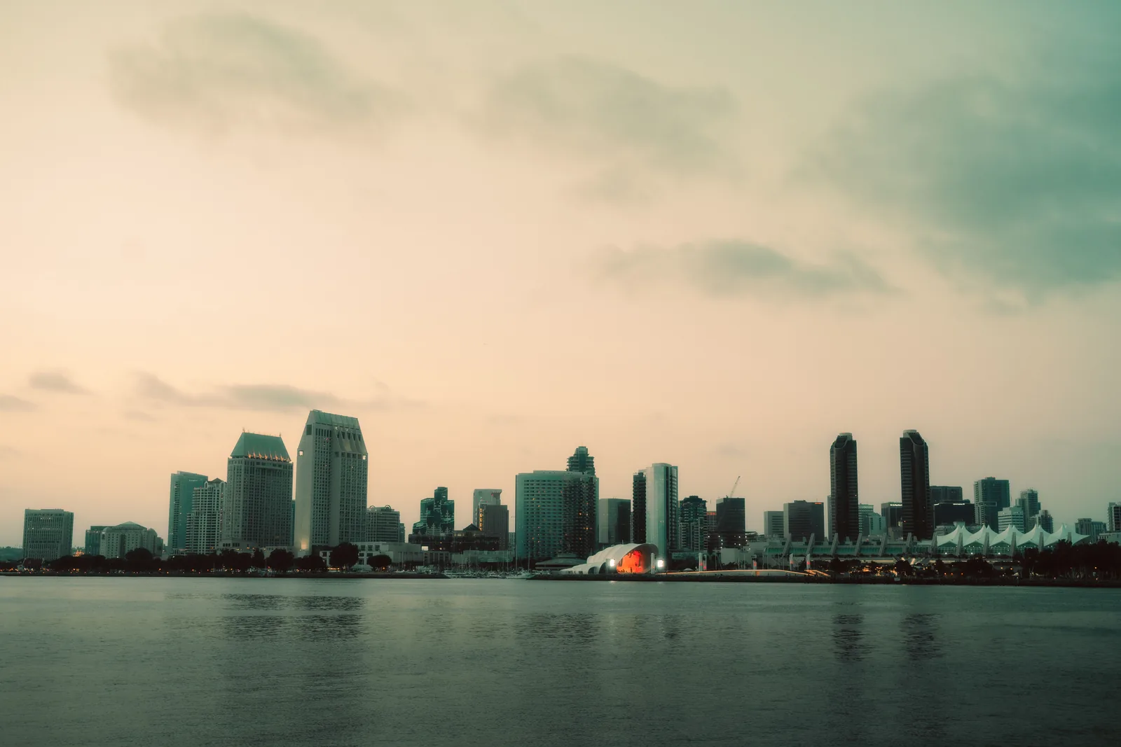 San Diego skyline and waterfront at sunset