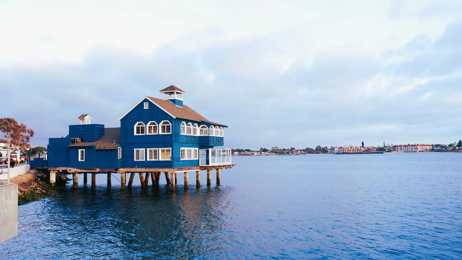 The blue Pier Cafe over the water at Seaport Village in San Diego