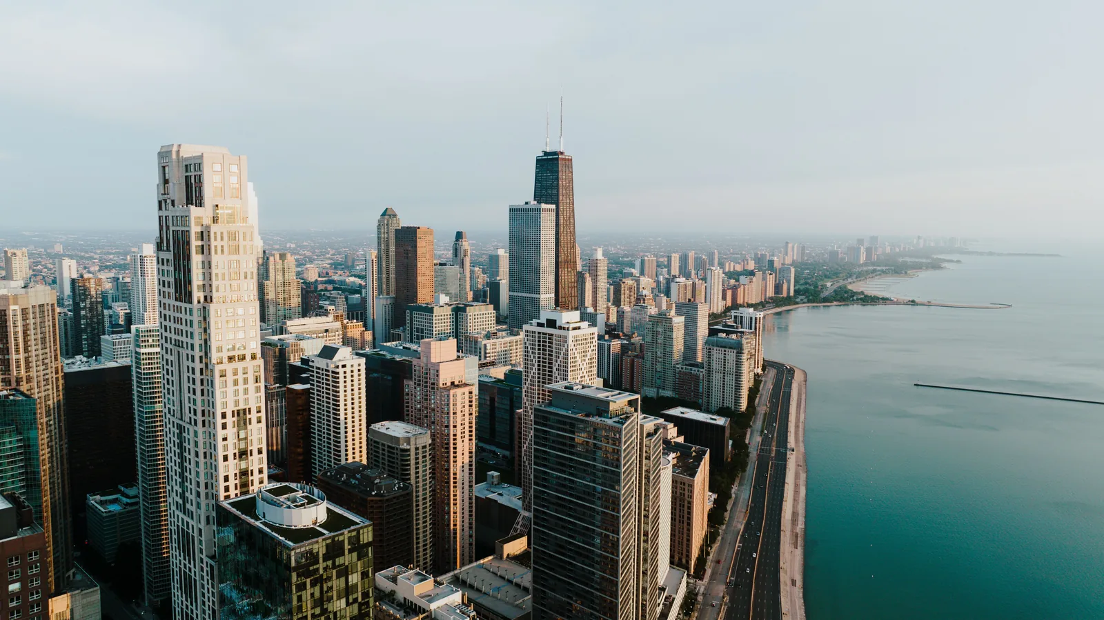 Aerial view of the Chicago skyline and lakefront from a high observation deck