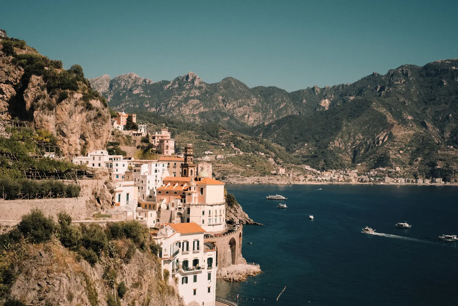 The village of Atrani perched on a cliff above the sea on the Amalfi Coast