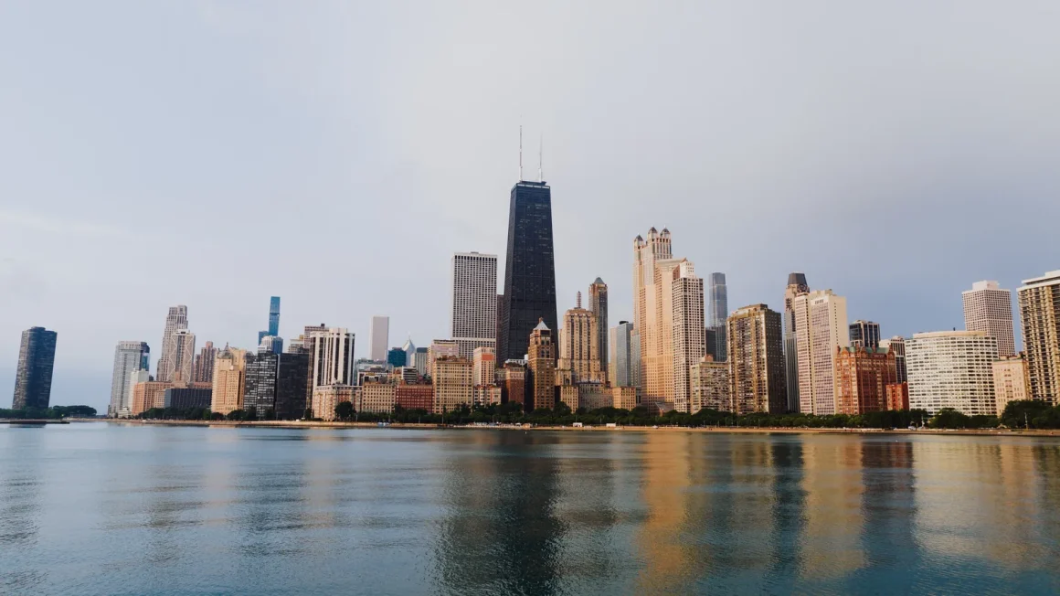 Chicago skyline and the Chicago River at golden hour