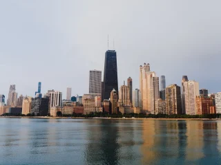 Chicago skyline and the Chicago River at golden hour
