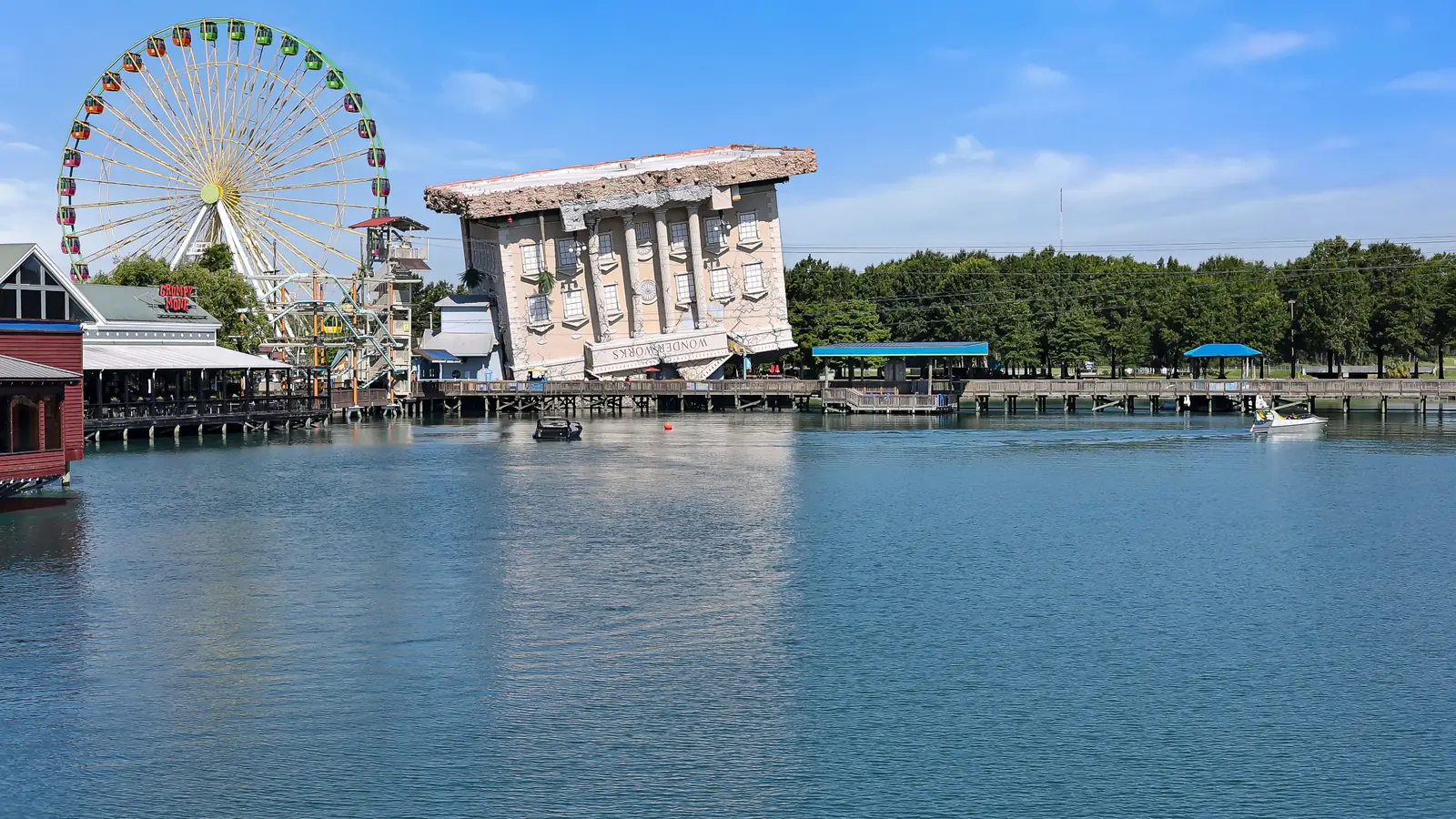 The upside down WonderWorks building on the lake at Broadway at the Beach