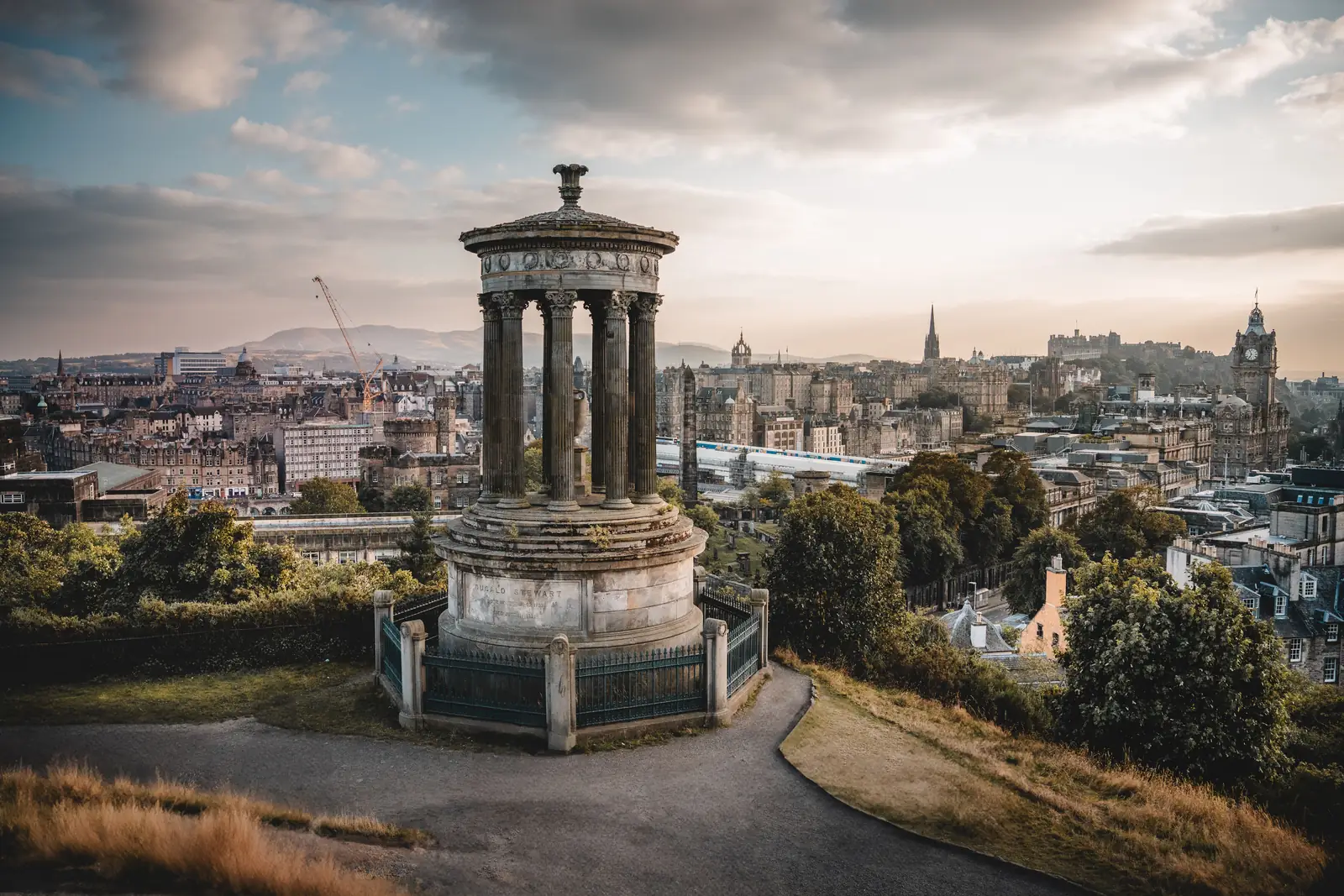 The Dugald Stewart Monument on Calton Hill above the Edinburgh skyline