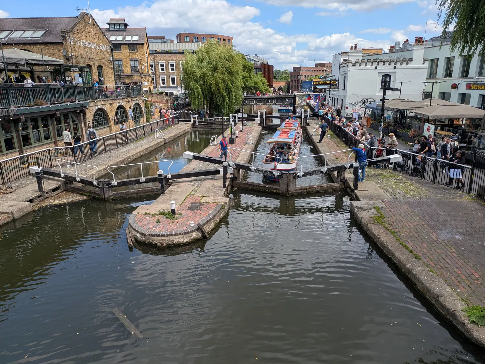 Camden Lock on the canal with market buildings and crowds