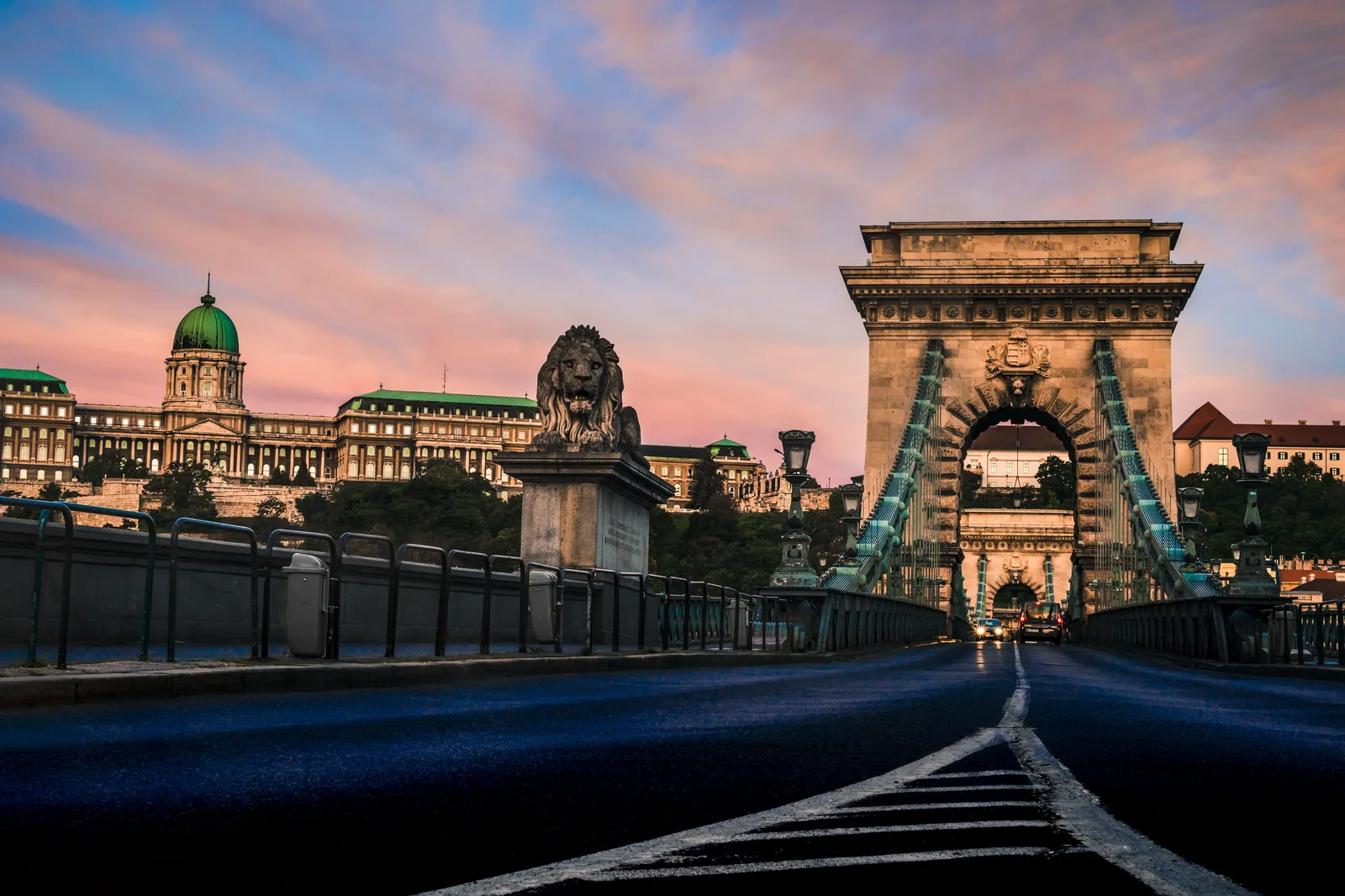 The Chain Bridge and its stone lion at sunrise with Buda Castle behind it in Budapest