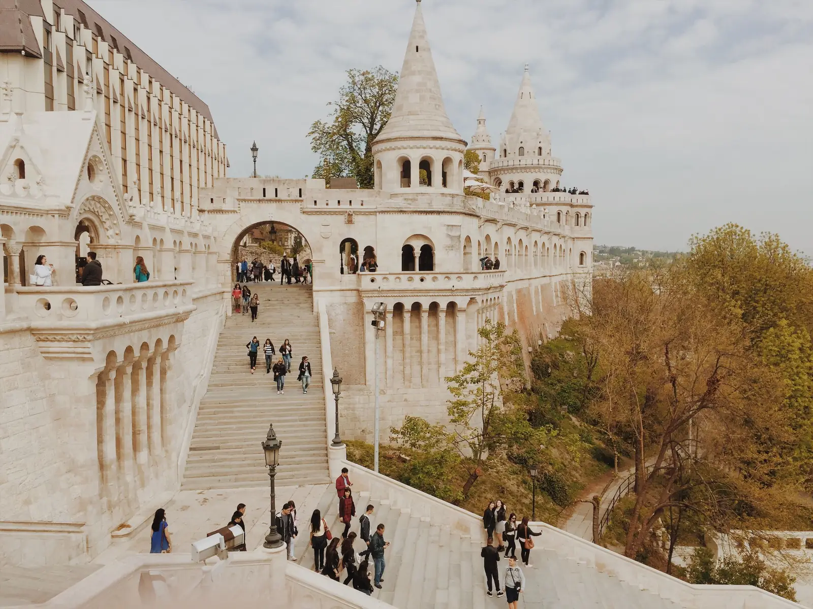 The white stone staircases and turrets of Fisherman's Bastion in Budapest