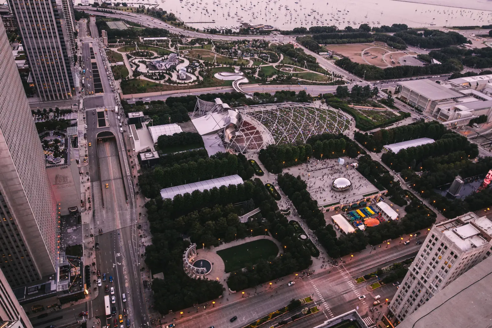 Aerial view of Maggie Daley Park and Millennium Park in downtown Chicago