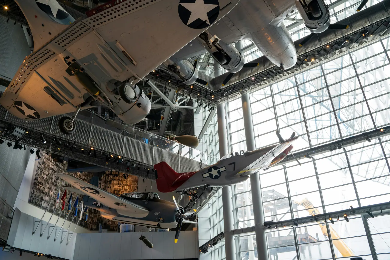 Vintage warplanes hanging inside the National WWII Museum in New Orleans