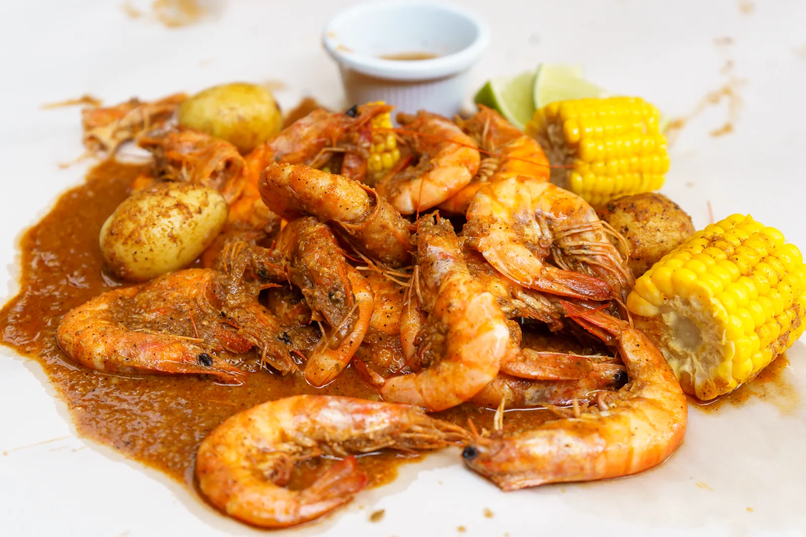 Louisiana seafood boil with shrimp, corn, and potatoes