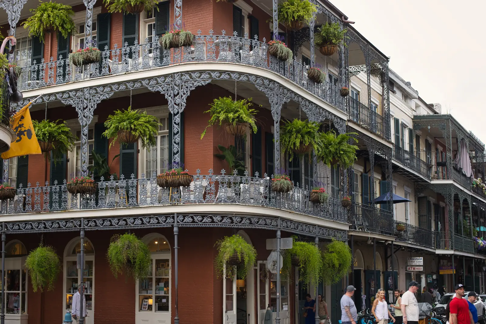 Colorful buildings and iron balconies in the New Orleans French Quarter