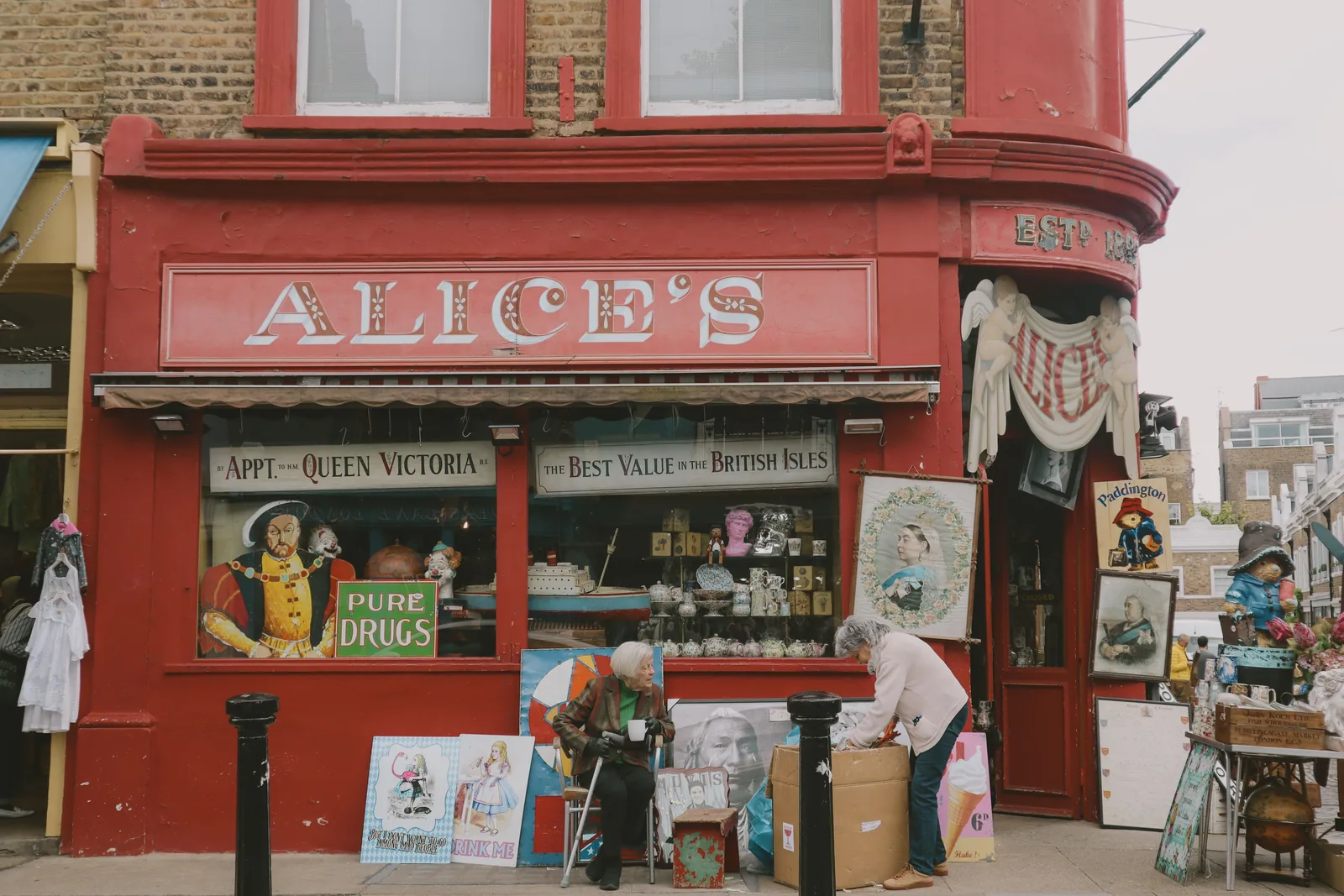 A red antiques shopfront on Portobello Road in Notting Hill