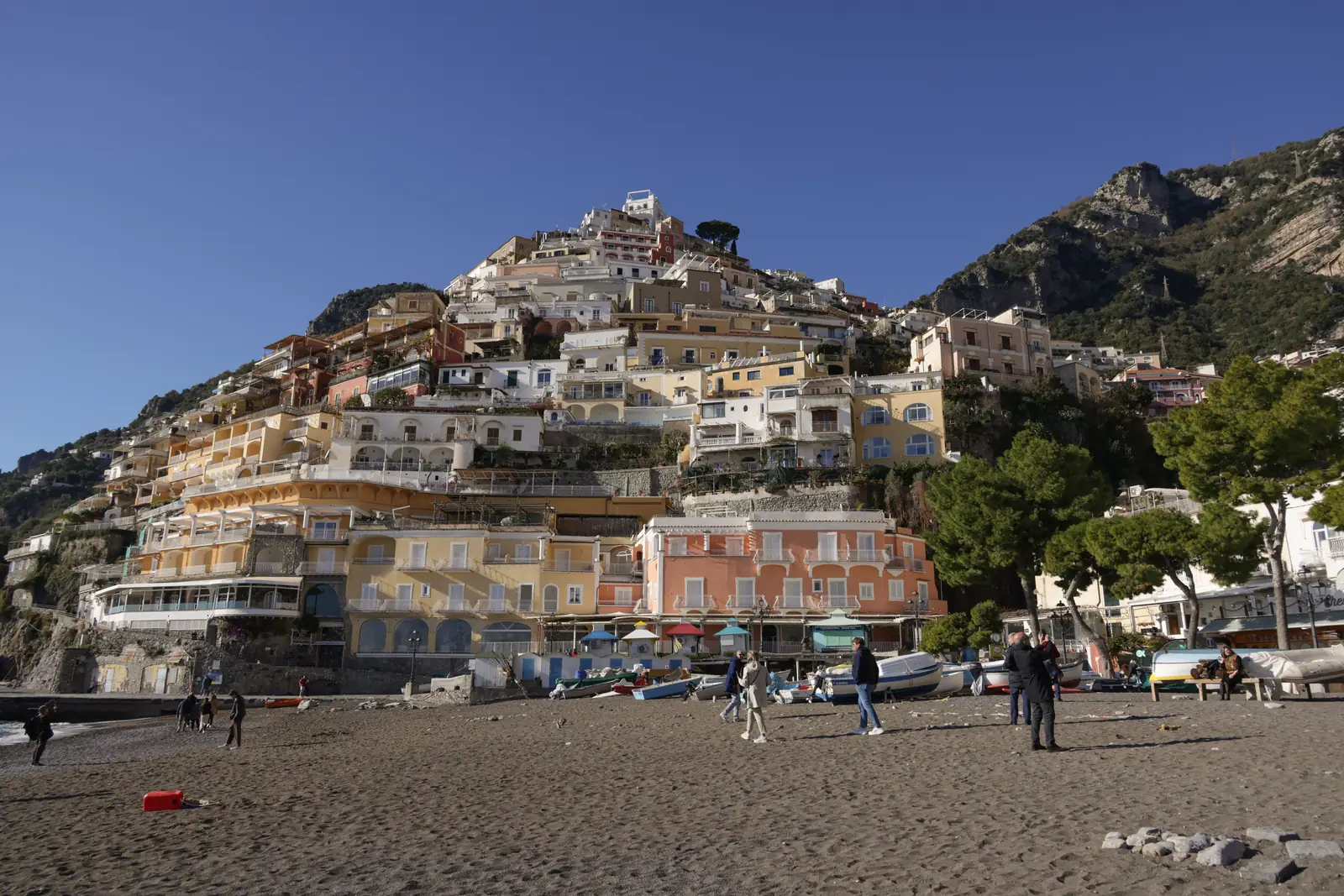 Positano's colorful houses rising above the beach on the Amalfi Coast