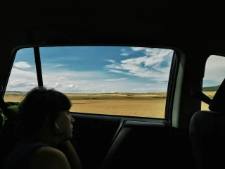 A passenger gazing out the car window at open golden plains on a road trip