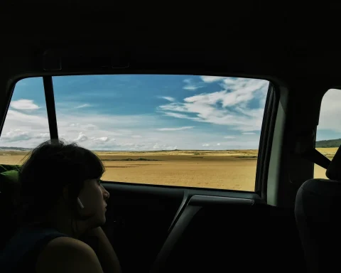 A passenger gazing out the car window at open golden plains on a road trip