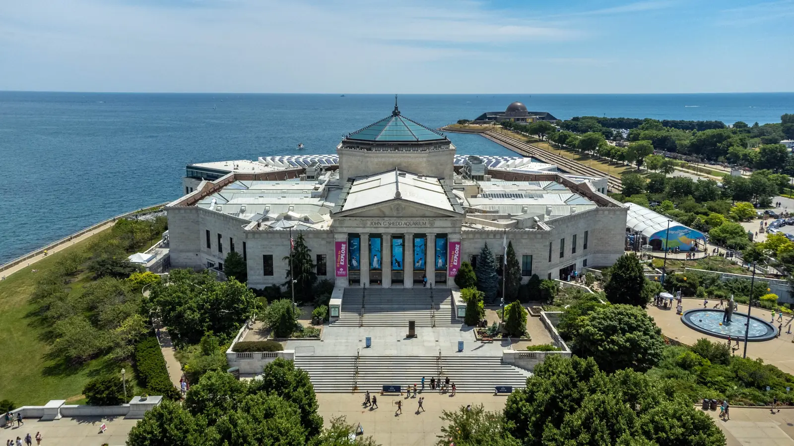 Aerial view of the John G. Shedd Aquarium building on Chicago's lakefront