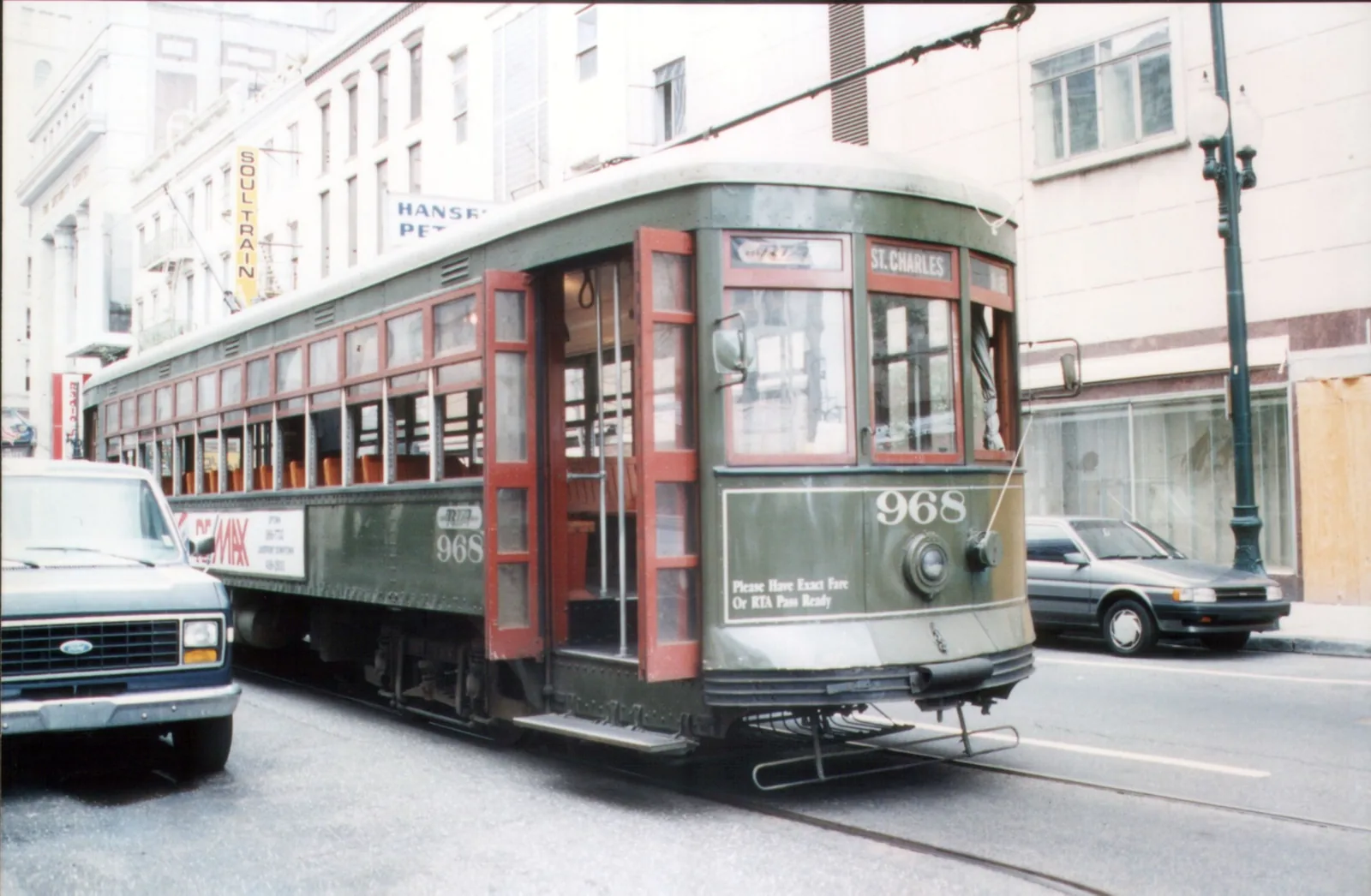 Green St. Charles streetcar on its tracks in New Orleans