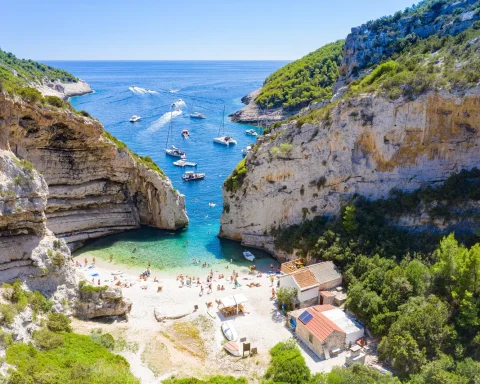 Aerial view of Stiniva cove and its narrow opening to the sea on Vis, Croatia