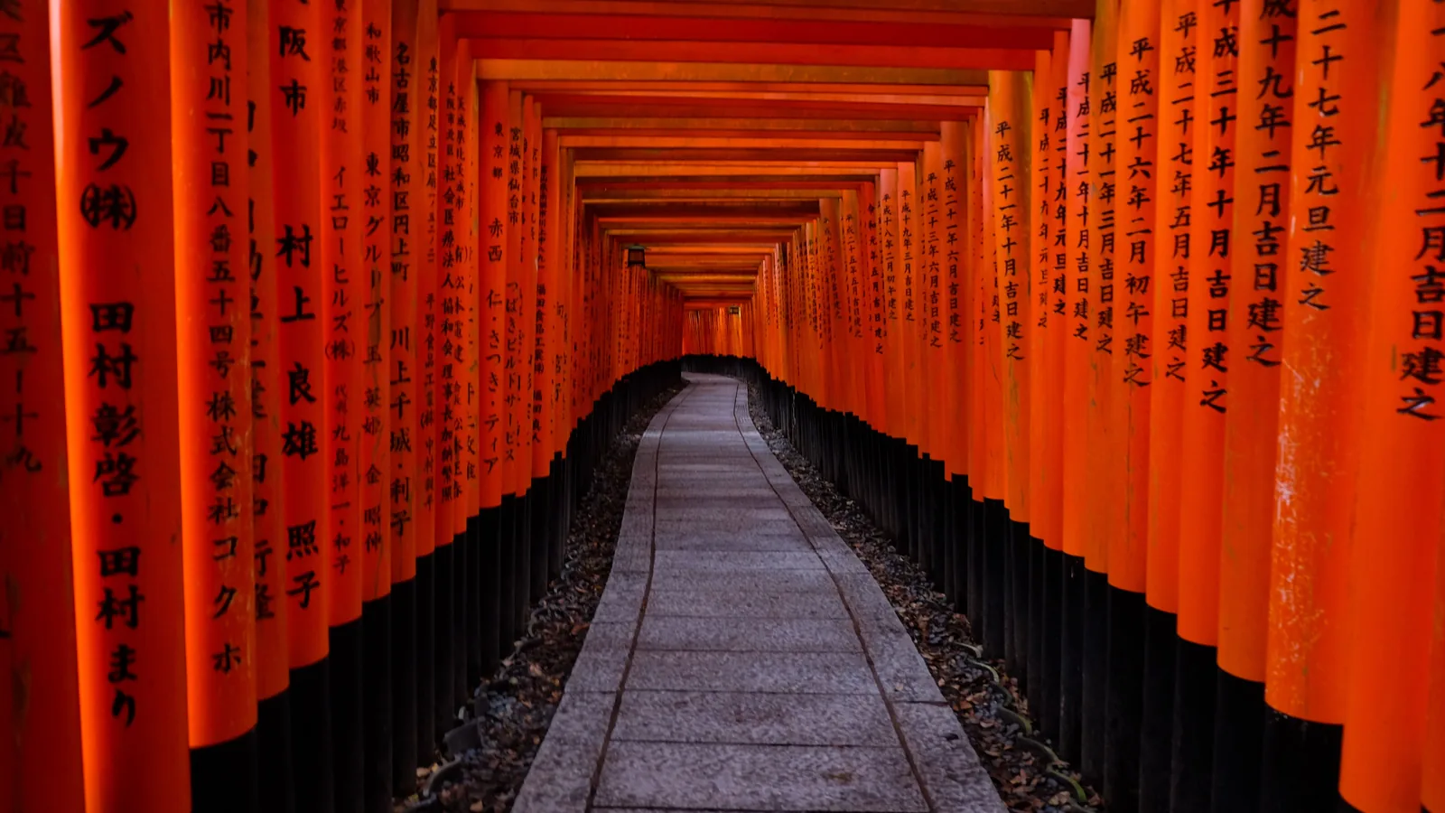 The tunnel of red torii gates on the Senbon Torii path at Fushimi Inari in Kyoto