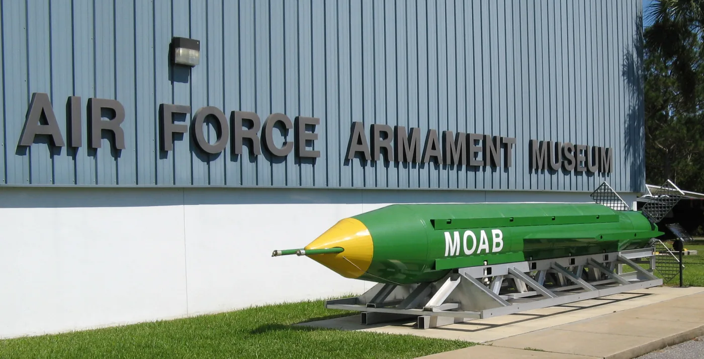 The MOAB bomb on display outside the Air Force Armament Museum sign