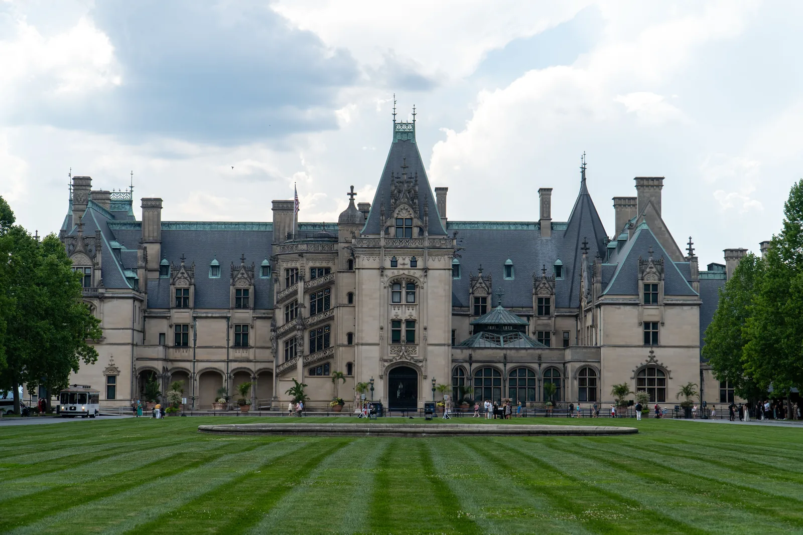 The Biltmore Estate behind its front lawn in Asheville, North Carolina