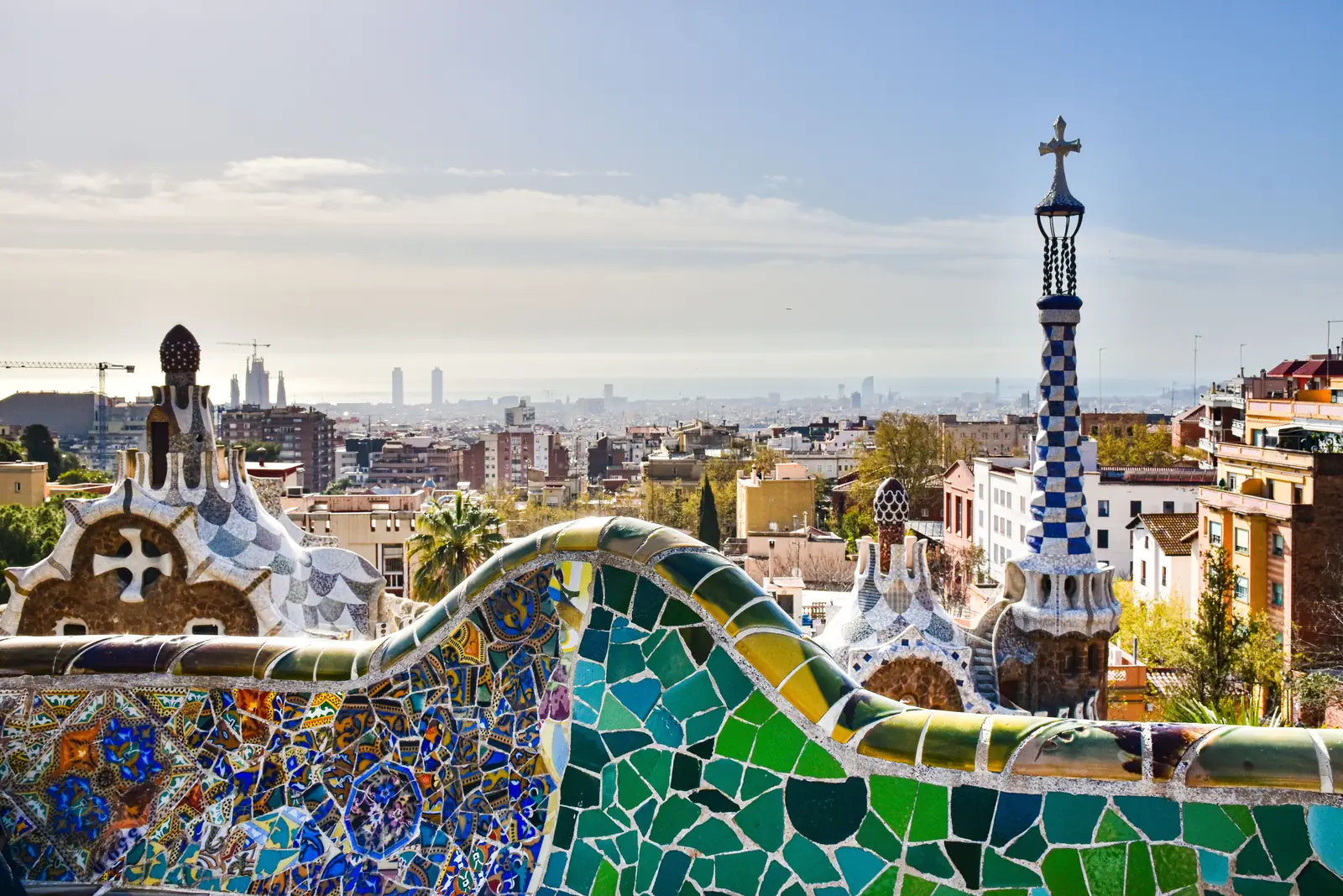 The mosaic bench at Park Guell looking out over Barcelona, Spain