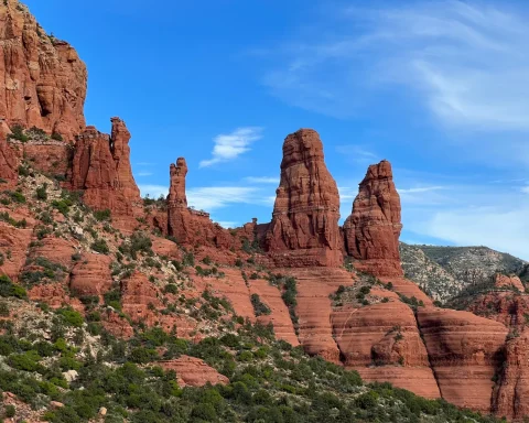Red rock formations rising above the desert in Sedona Arizona