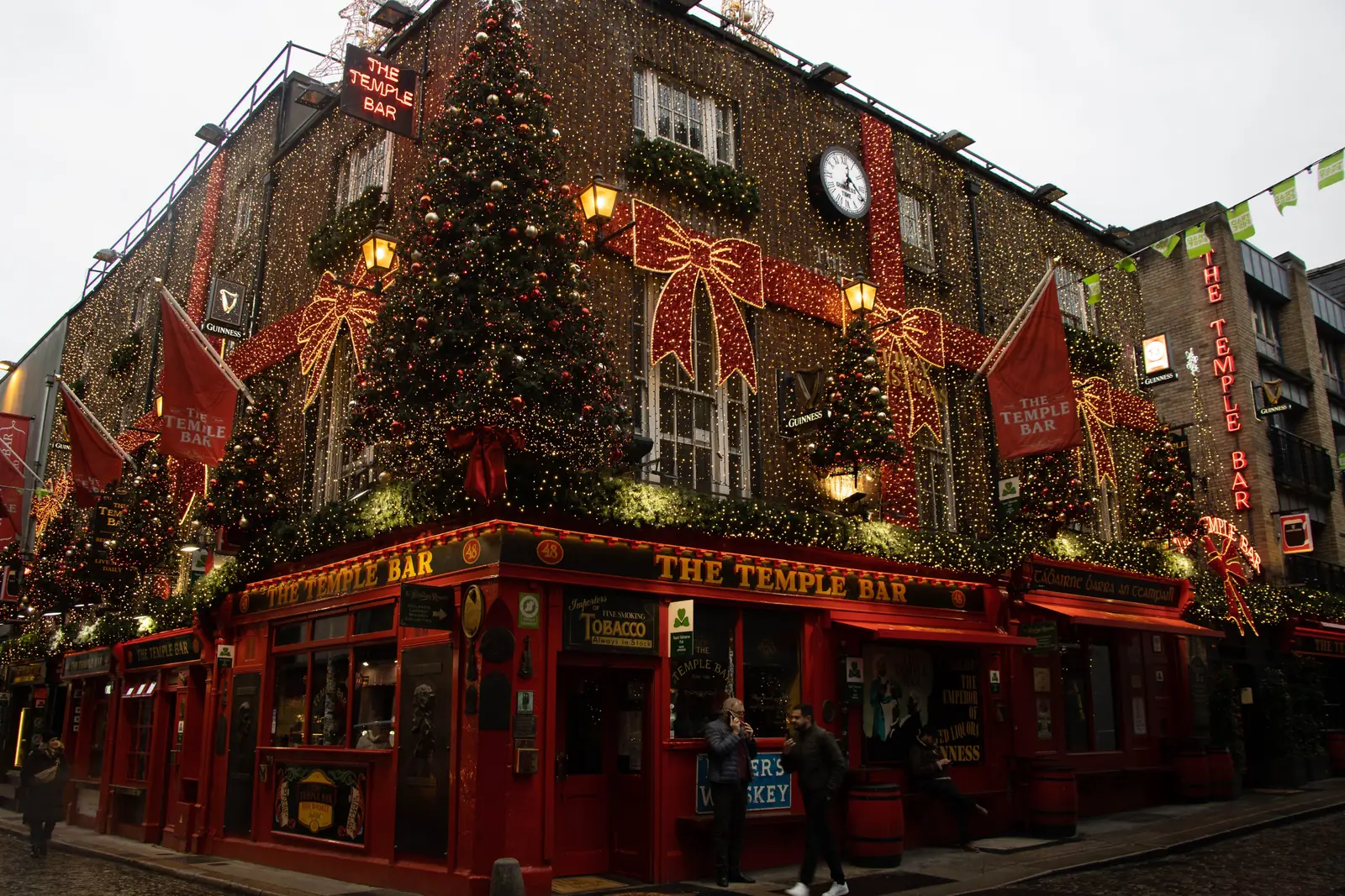 The Temple Bar pub in Dublin covered in Christmas decorations