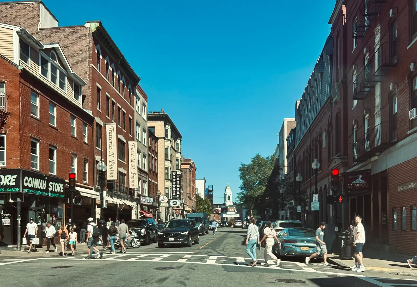 People crossing Hanover Street in Boston's North End