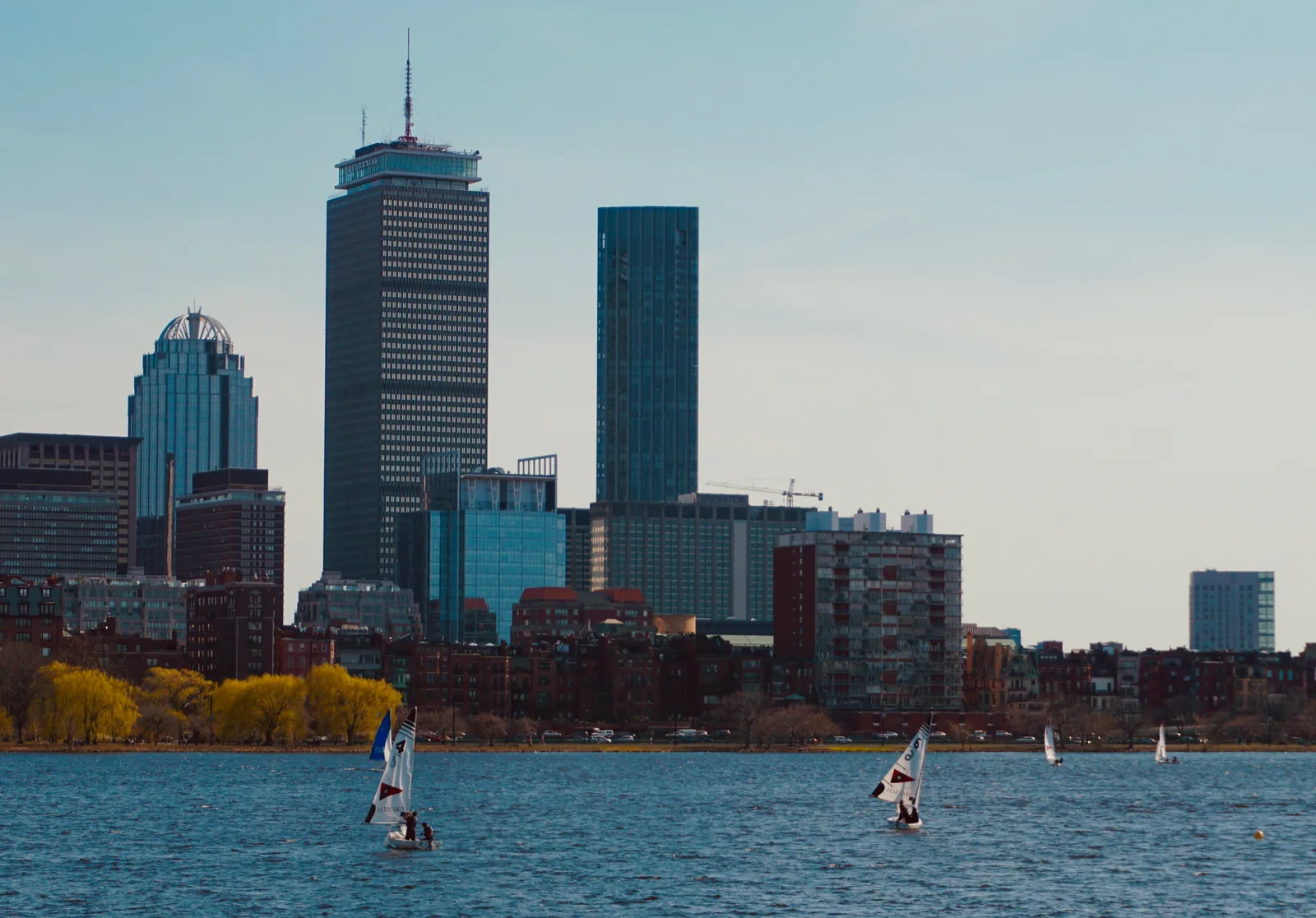 Sailboats on the Charles River with the Boston skyline and autumn trees behind